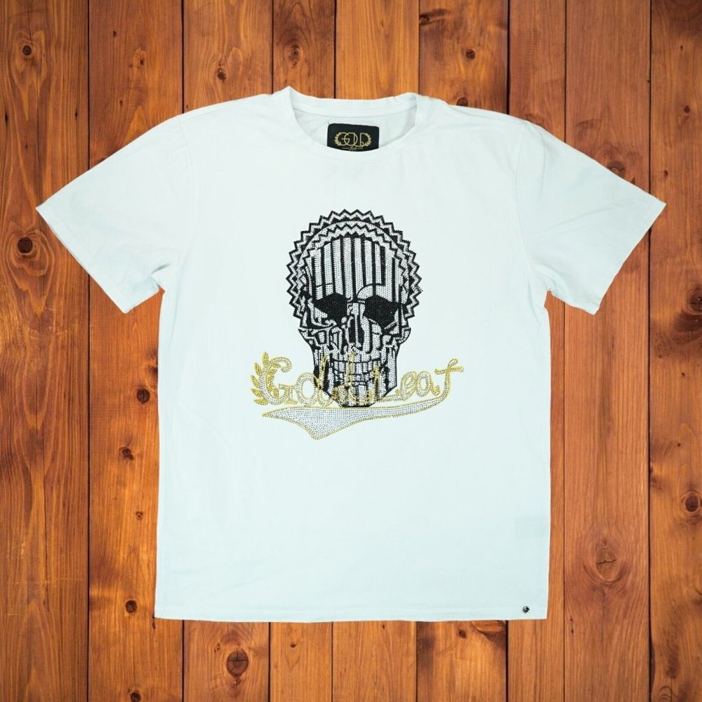 MEN'S GOLD LEAF LOS ANGELES STUDDED RHINESTONE SKULL T-SHIRT XL ~ WHITE